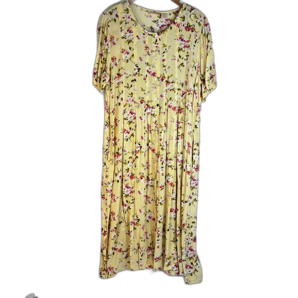 LaCera Yellow Floral Print Cottage Core Maxi Dress Button Front‎ Size Large